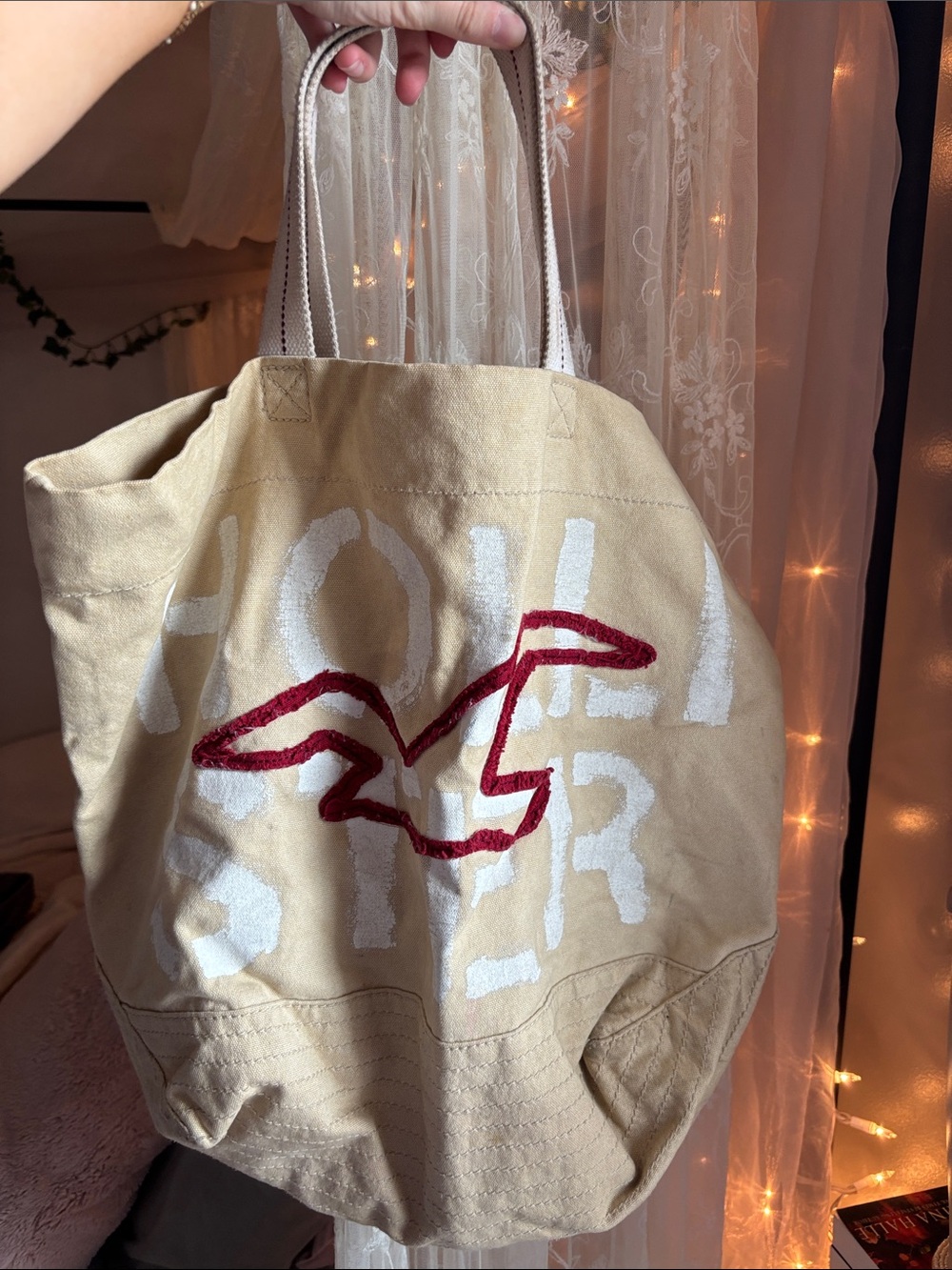 Hollister Beige Canvas Tote with Red Embroidered Seagull